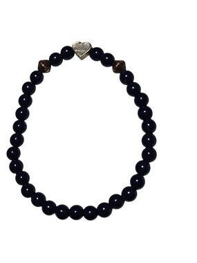 Retro Black Beaded Bracelet Heart Charm Valentines Day Fashion Jewelry Women
